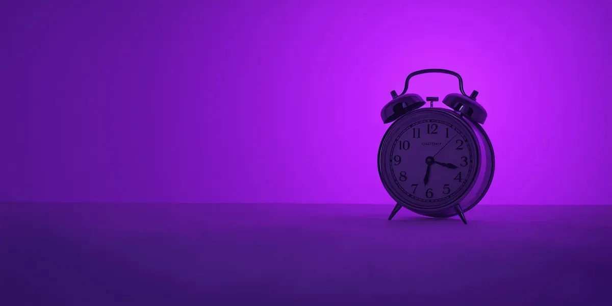 alarm clock at dawn, bedside, soft violet light
