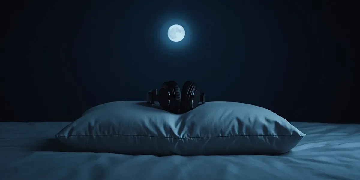headphones on pillow, moonlight, night bedroom