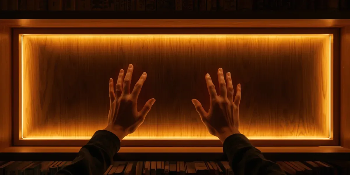 hands touching glowing dream library shelf
