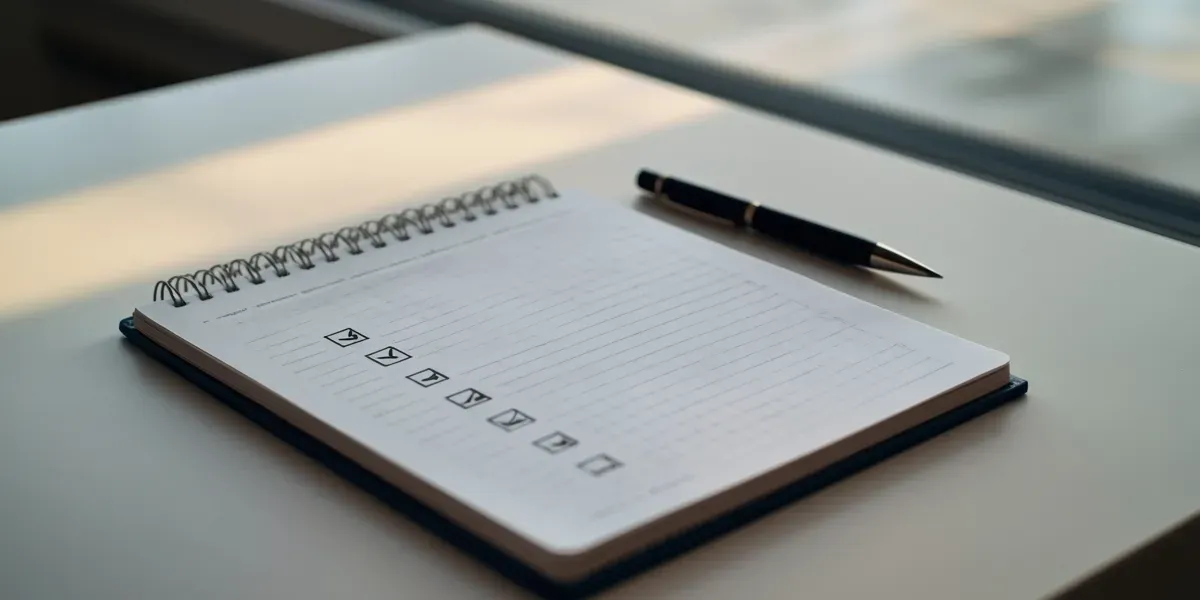 notebook with tracking checkboxes, pen, moonlit desk