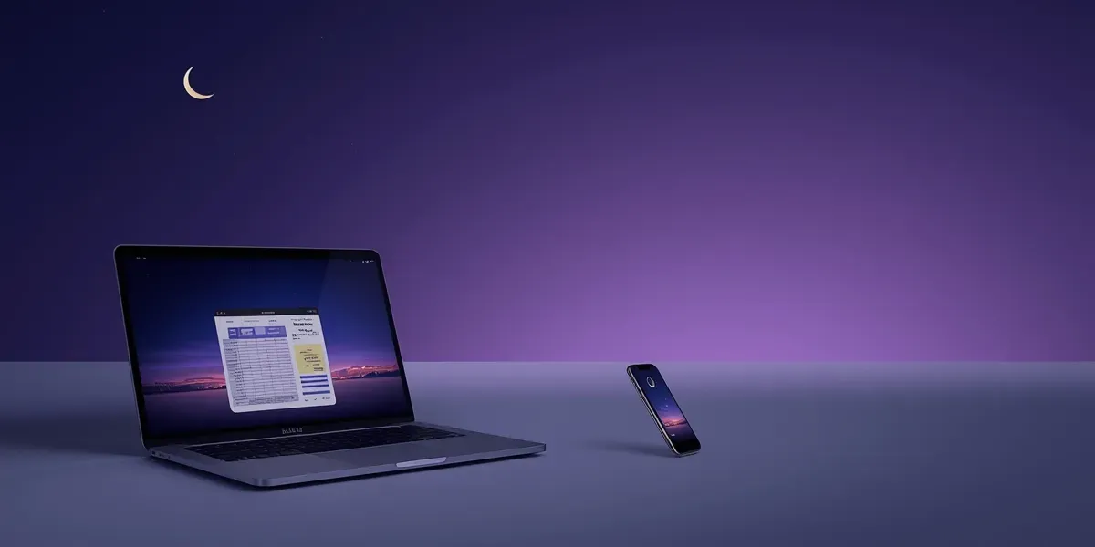 online course on laptop and phone, printed tracking sheets, crescent moon, violet night