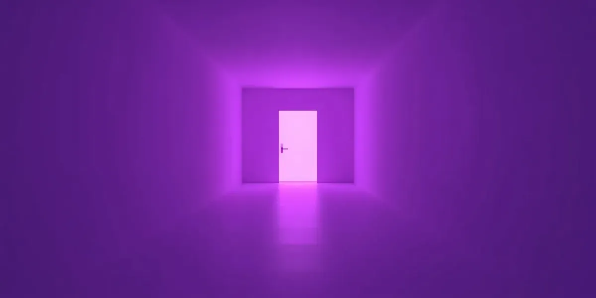 endless corridor with glowing door, dreamlike violet