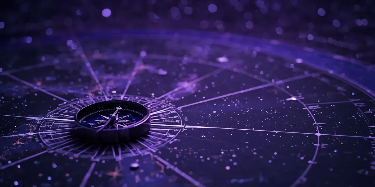 compass on star map, night sky, violet light