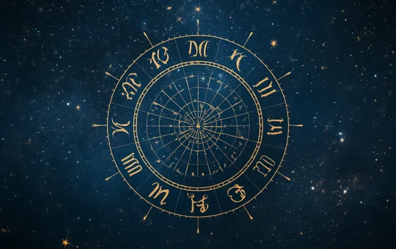 zodiac wheel, night sky, golden stars, astrology chart