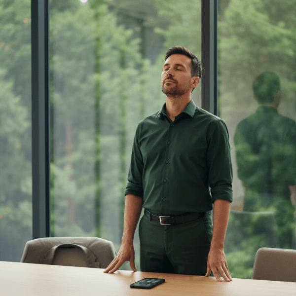 Homme en chemise verte respirant calmement devant une grande fenêtre avec vue sur la forêt