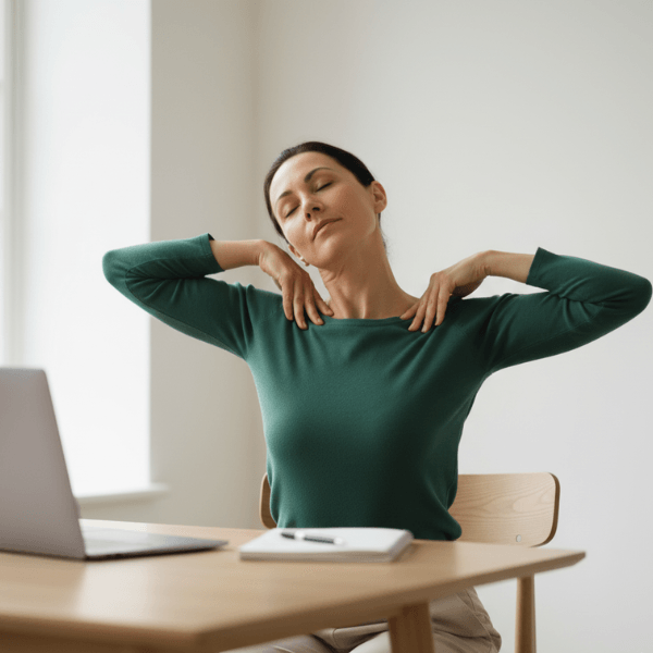 Femme au bureau effectuant un étirement doux nuque-épaules devant son ordinateur