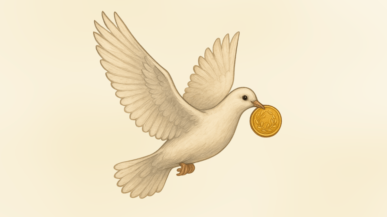 Colombe tenant une pièce d’or – symbole de banque éthique et argent responsable
