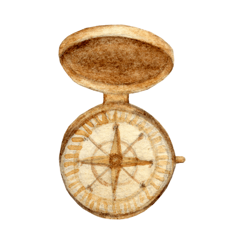 Illustration aquarelle d’une boussole, symbole de valeurs personnelles, de clarté intérieure et de vie alignée sur ce qui fait sens pour soi.