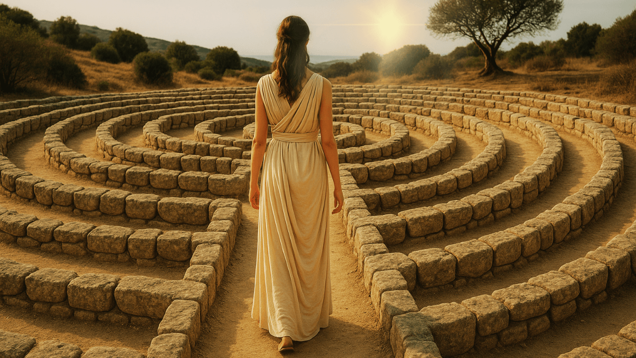 Jeune femme en toge antique au centre d’un labyrinthe, symbole de sobriété numérique et de chemin vers un monde meilleur.