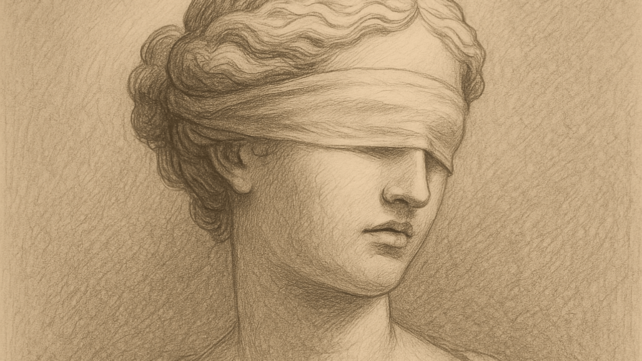 Statue de femme de la Grèce antique, aux yeux bandés, qui illustre l'aveuglement collectif face à l'instrumentalisation de la terreur
