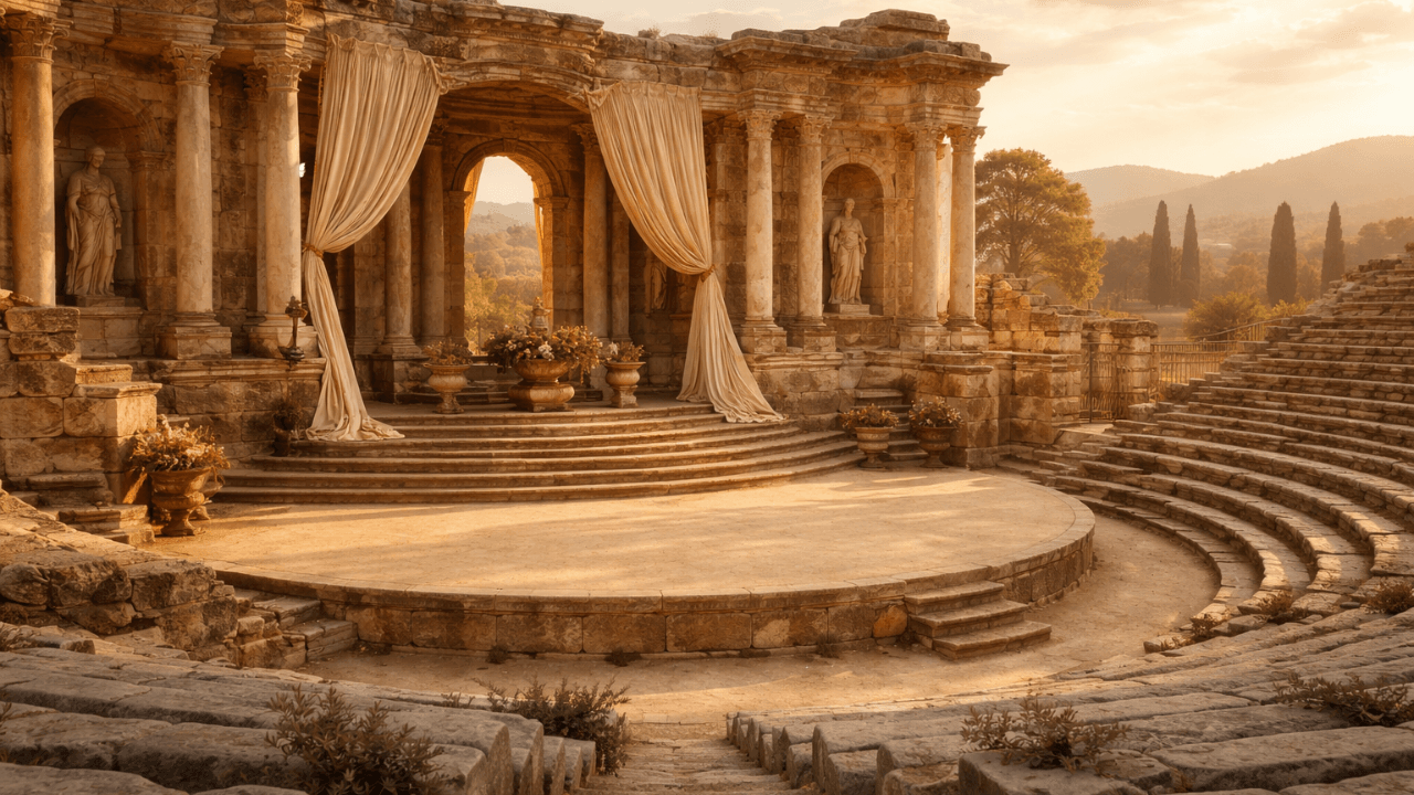 Pièce de théâtre antique qui rappelle que la vie est un théâtre et que nous jouons tous dans la même troupe