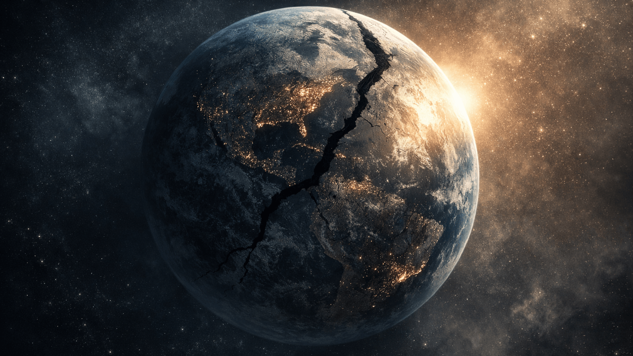 Terre vue de l’espace partiellement fissurée, symbole des dérives géopolitiques contemporaines et de la fragilité de l’équilibre mondial