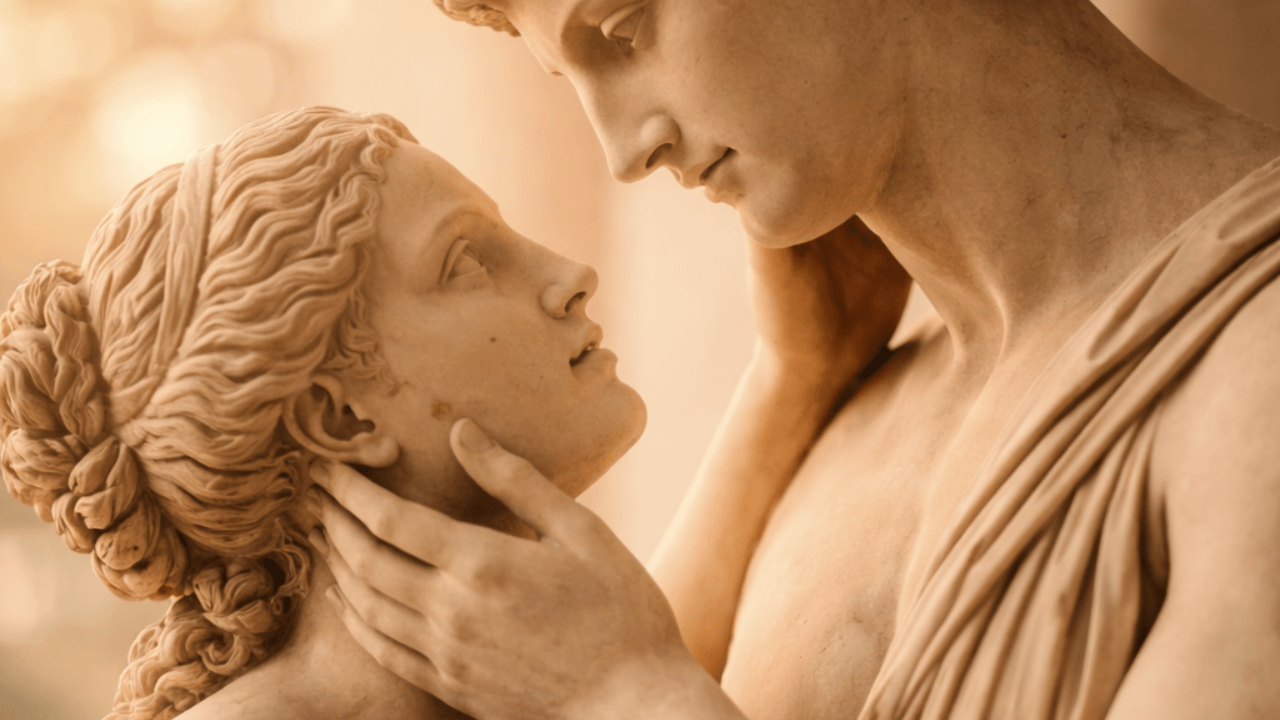 Statue antique représentant un couple relié par un regard tendre, symbole du chemin vers l’amour vrai et d’un couple heureux en conscience