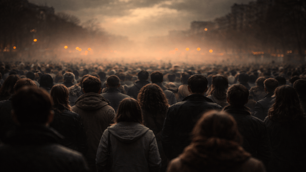 Foule humaine rassemblée, symbole des peuples confrontés aux décisions des dirigeants et aux conséquences du pouvoir