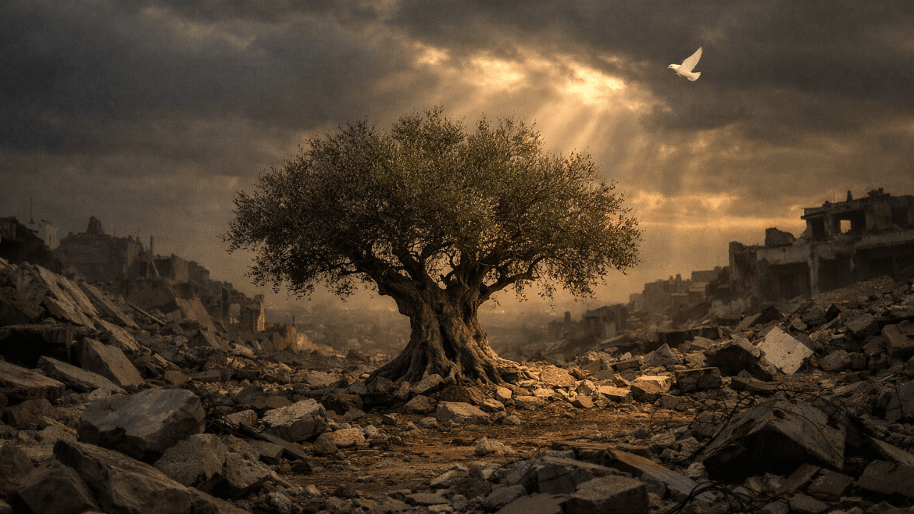 Olivier debout au milieu de ruines en Palestine, symbole de paix et de résistance humaniste.