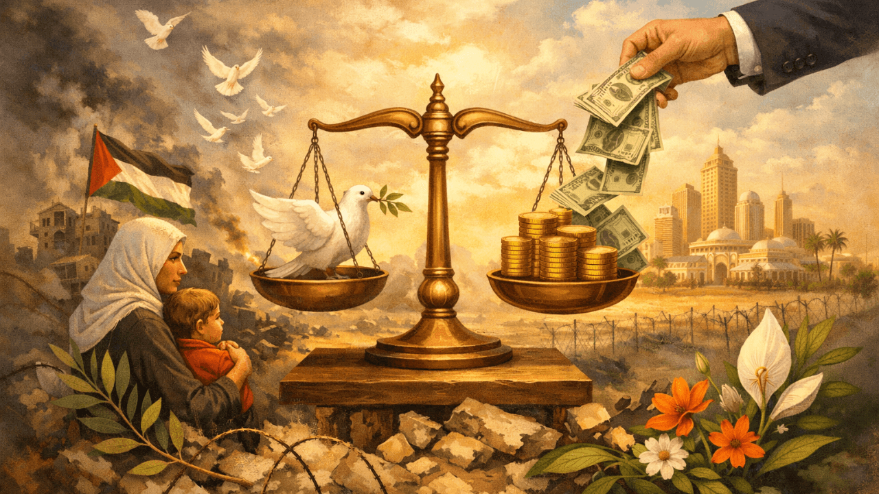 Olivier debout au milieu de ruines en Palestine, symbole de paix et de résistance humaniste.