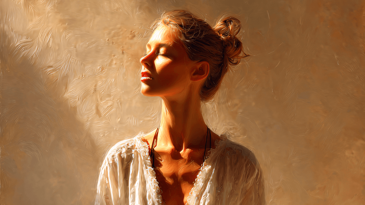 Femme baignée de lumière incarnant la sagesse spirituelle et une approche humaniste pour réenchanter le monde