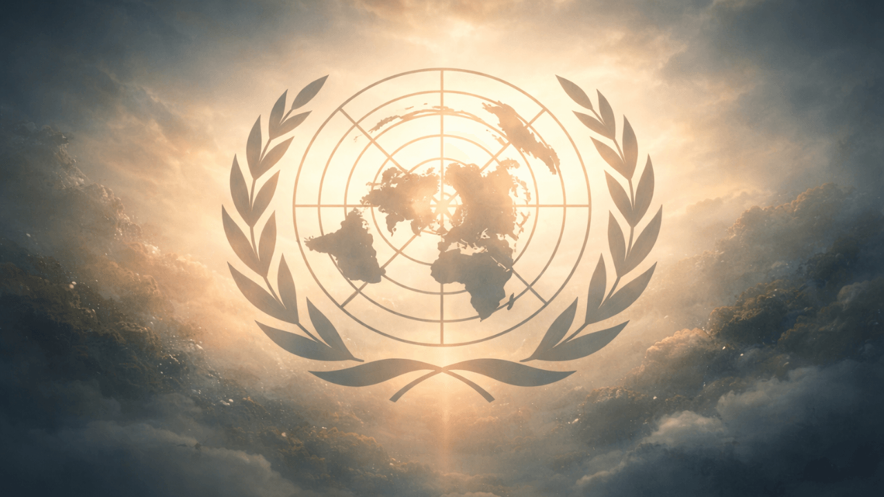 Emblème de l’Organisation des Nations Unies baigné de lumière, symbole fragile du droit international et de la conscience collective mondiale.