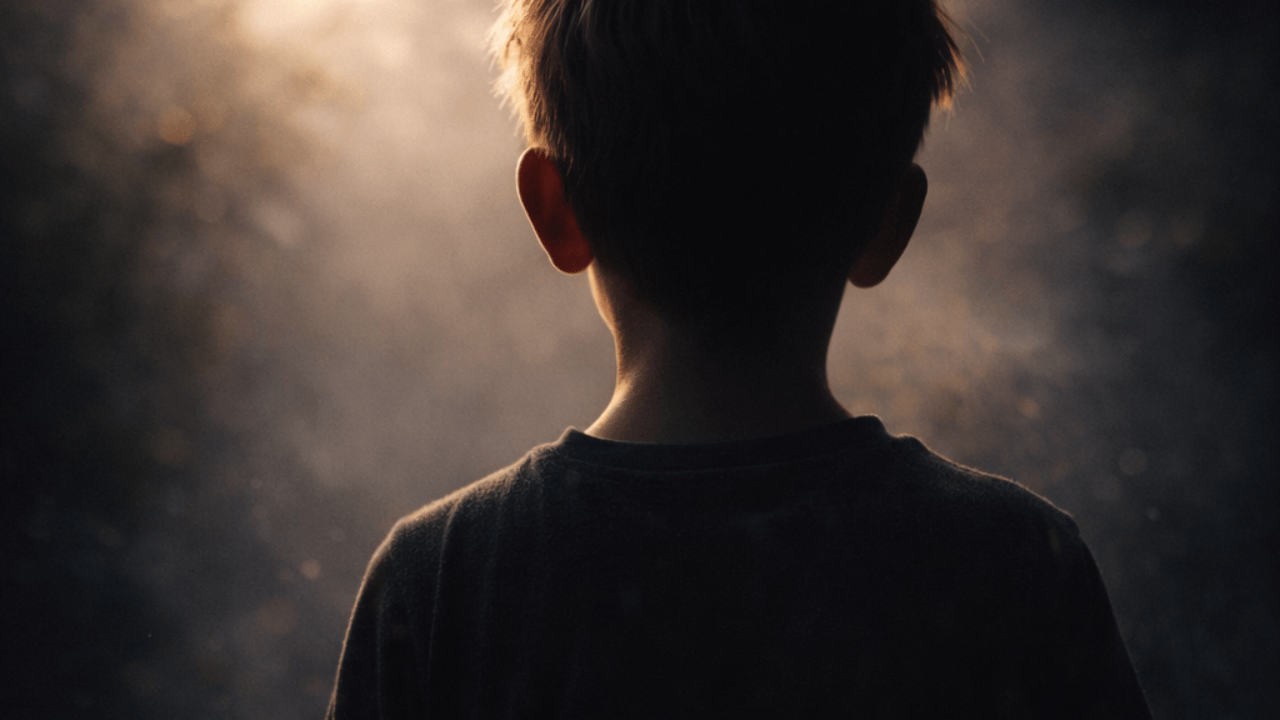 Silhouette d’un enfant vu de dos, baigné d’une lumière douce au cœur de l’obscurité, symbole de l’impact du monde contemporain sur la jeunesse.