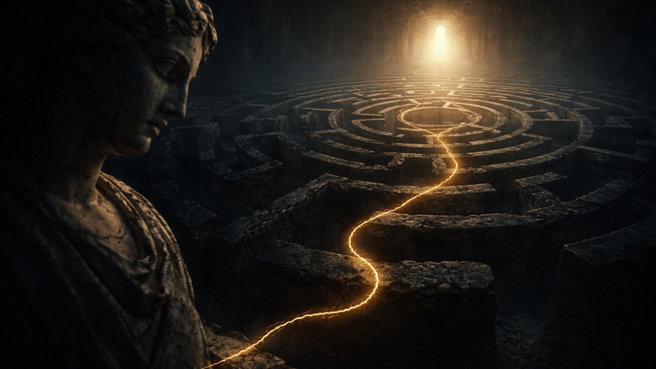 Fil d’Ariane lumineux dans un labyrinthe antique, symbole de conscience et de vérité face aux dossiers Epstein