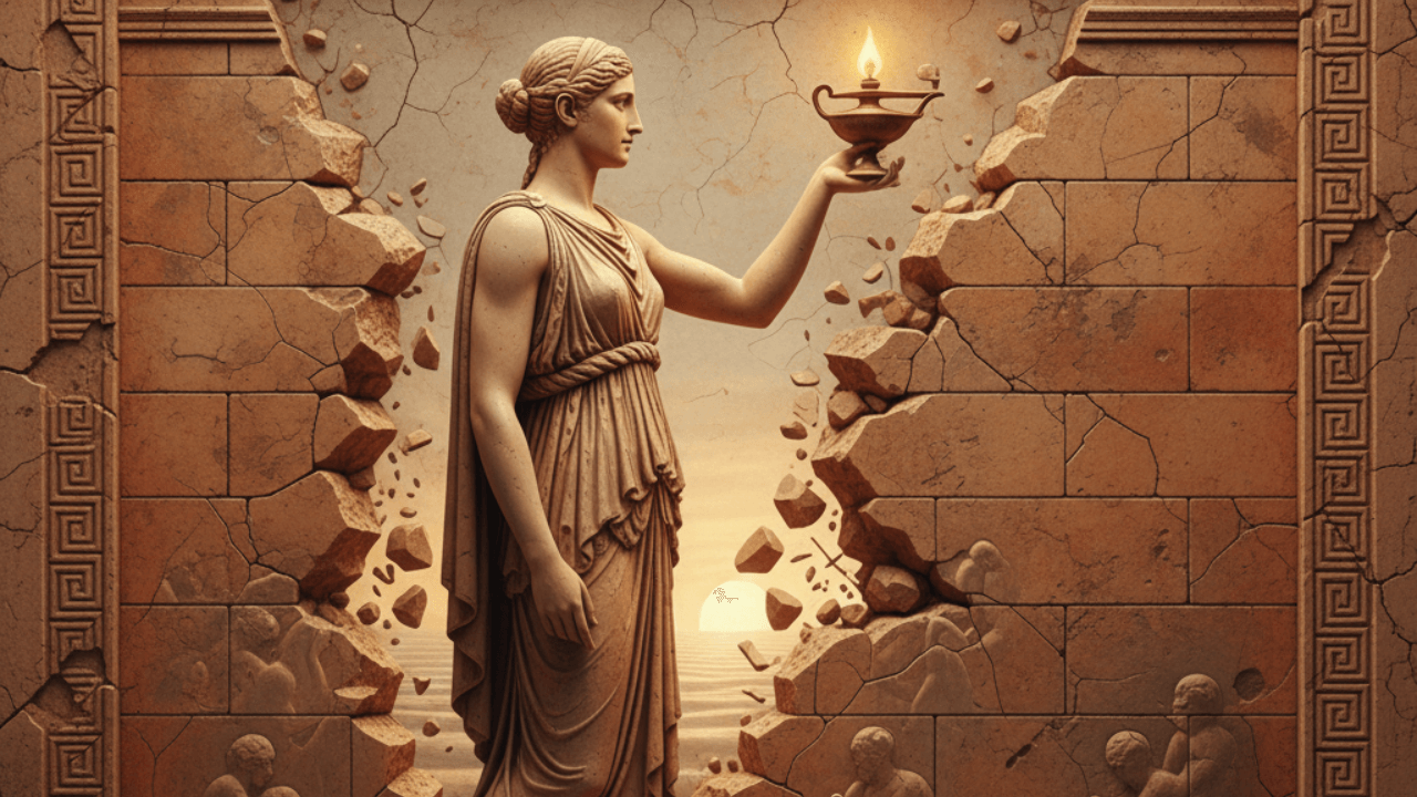 Illustration Antigone et situation Gaza 2026 : figure antique sculptée brisant le mur du silence face à la loi antisionisme et au crépuscule de la parole en France.