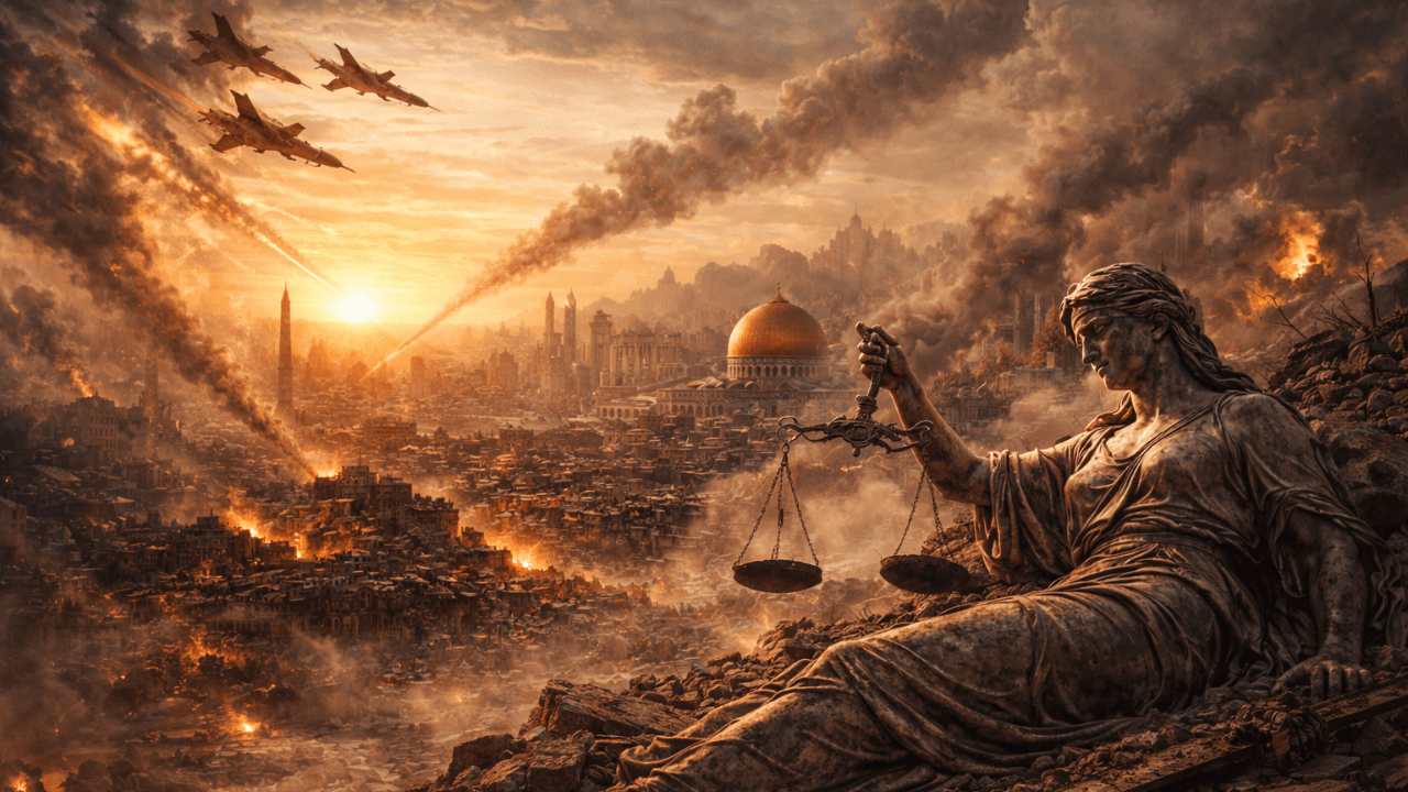 Illustration symbolique des frappes en Iran et de l’escalade entre Israël et les États-Unis sous Trump, ville en ruines et statue de la Justice effondrée