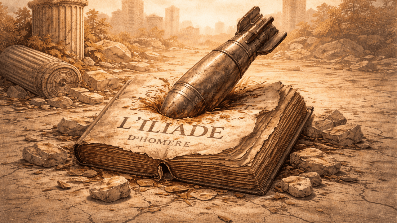 Illustration symbolique de l'opération "Fureur Épique" de Trump et Netanyahou contre l'Iran : un missile moderne transperce un exemplaire ancien de L'Iliade d'Homère au milieu de ruines antiques et de décombres urbains, évoquant le sacrifice de la culture et de la diplomatie face à la guerre.