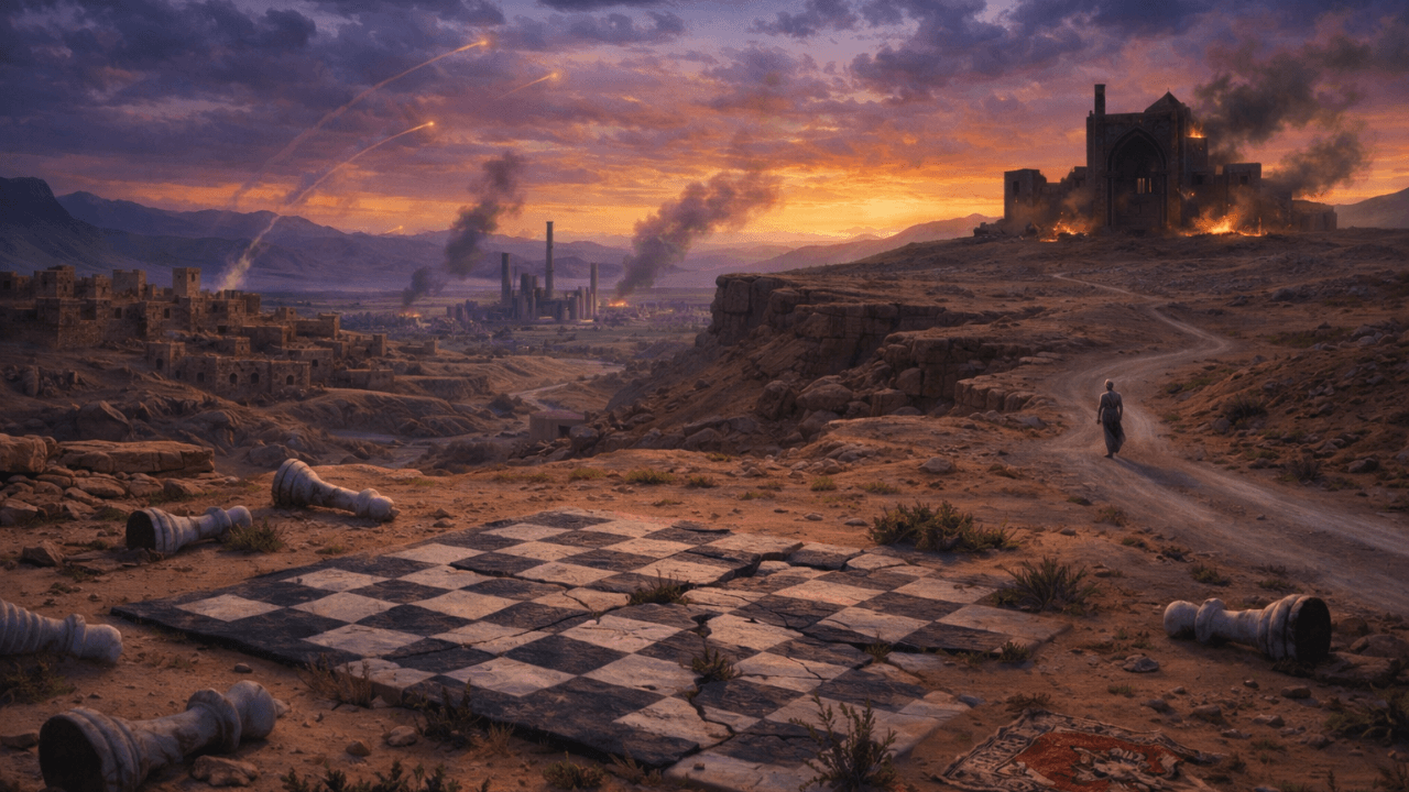 Scène apocalyptique fictive évoquant la mort de l’Ayatollah Khamenei et les tensions au Moyen-Orient 2026, paysage désertique détruit avec un échiquier géant brisé, symbolisme de la géopolitique, conséquences des frappes en Iran, tragédie humaine et échos d’hybris antique