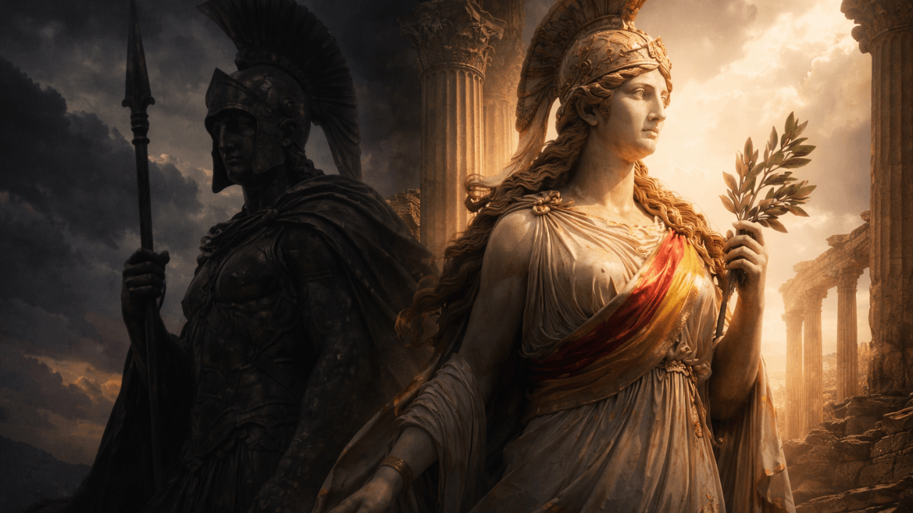 Athéna éclairée face à Arès dans l’ombre, symbole du choix entre sagesse et guerre brute illustrant la position de l’Espagne de Pedro Sánchez face aux tensions au Moyen-Orient.