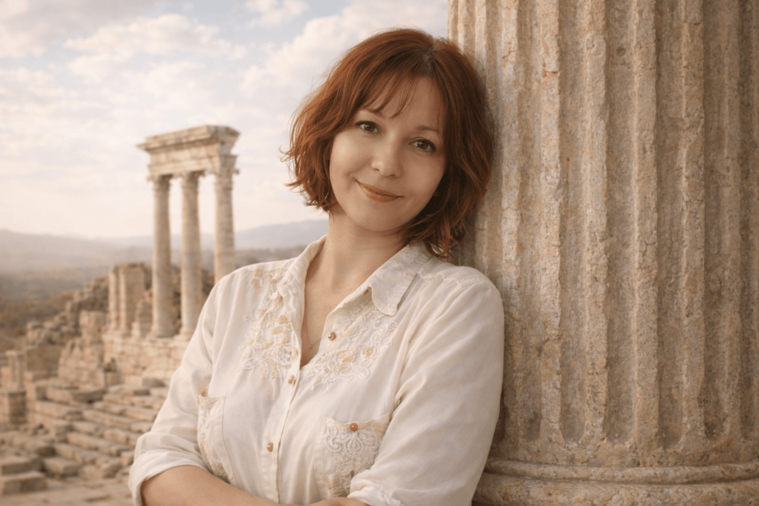 Photo de Séverine Content, réenchanteresse humaniste et experte en résilience, posant avec des cartes symboliques de Renouveau, Amour, Paix et Protection, incarnant son chemin de réenchantement et de transformation.