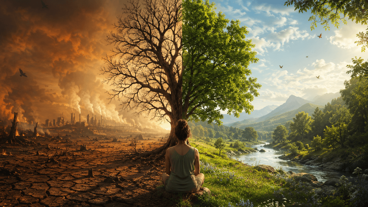 Paysage conceptuel puissant illustrant le réenchantement du monde : une Terre divisée entre désolation climatique et nature luxuriante, avec un arbre central à moitié mort et à moitié vivant, et une figure méditative symbolisant le lien entre destruction et régénération du vivant.