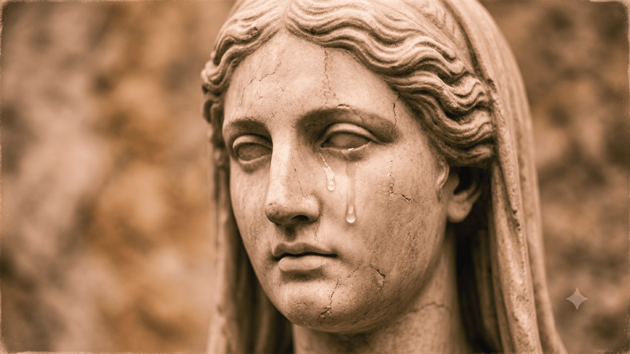 Des larmes sur les joues d'une statue antique face au génocide de Gaza