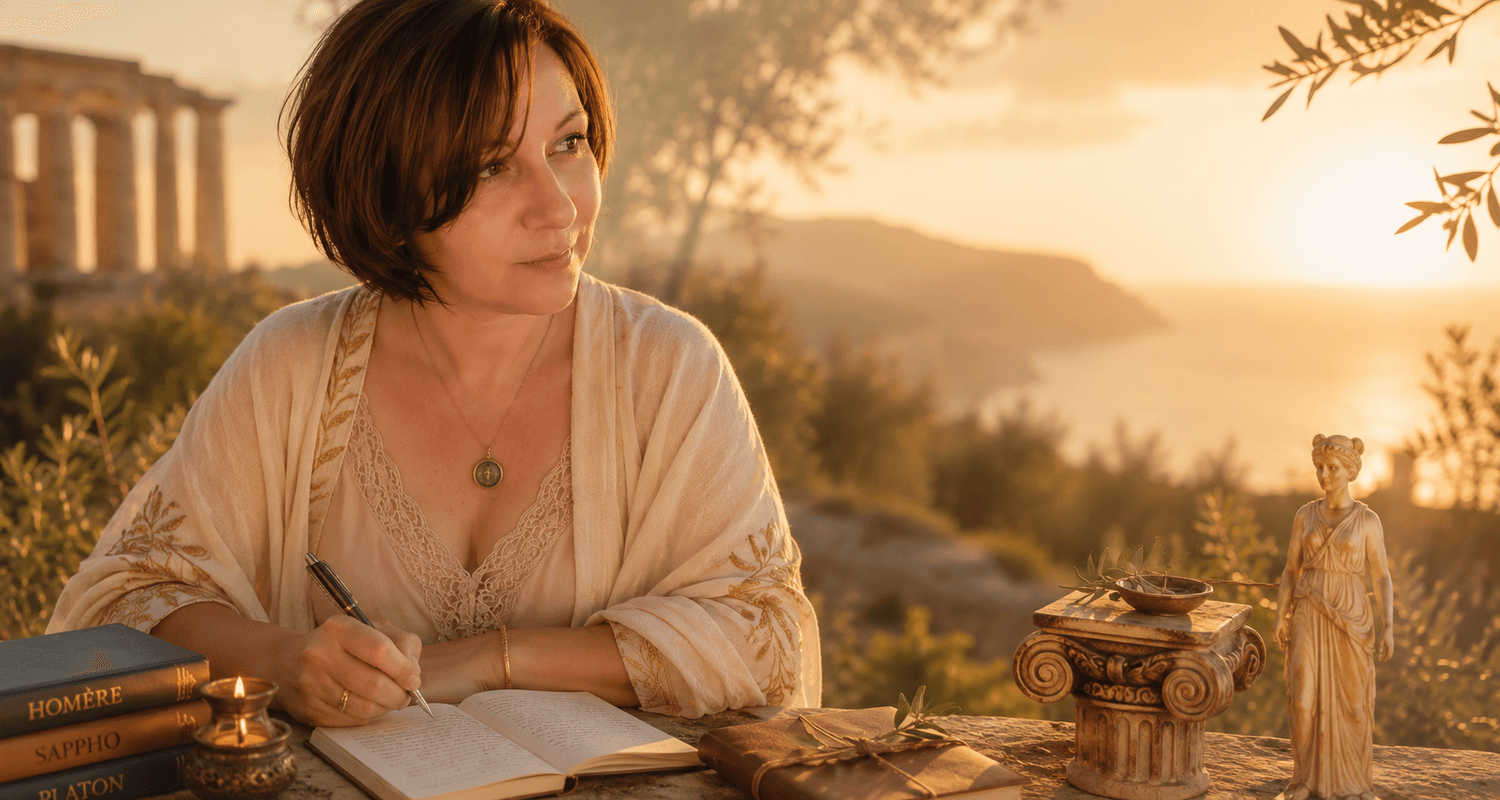 Séverine Content, auteure et mentore en réenchantement, dans un paysage inspiré de la Grèce antique, au soleil couchant