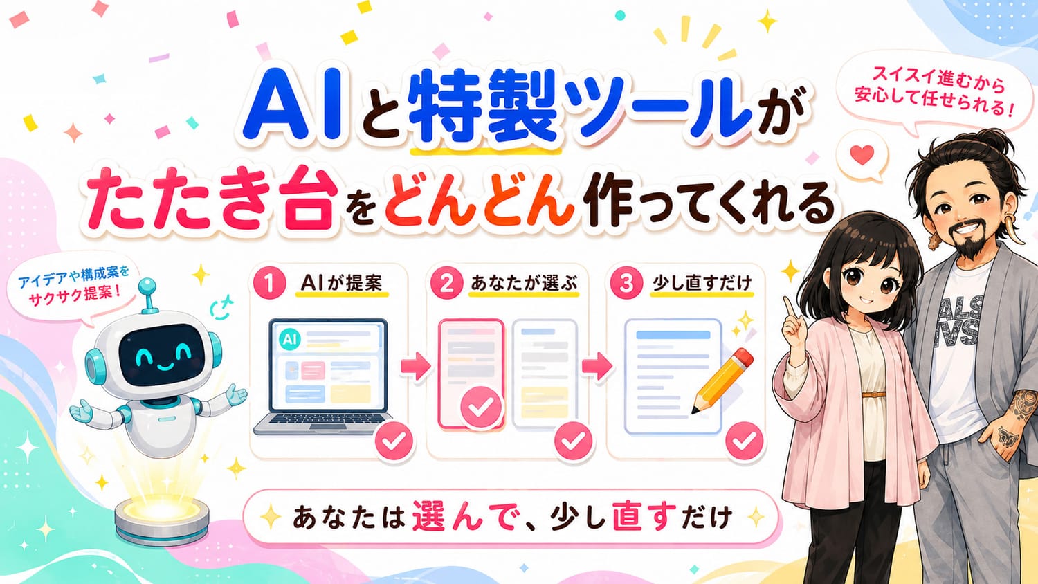 AIと特製ツールがたたき台をどんどん作ってくれる。