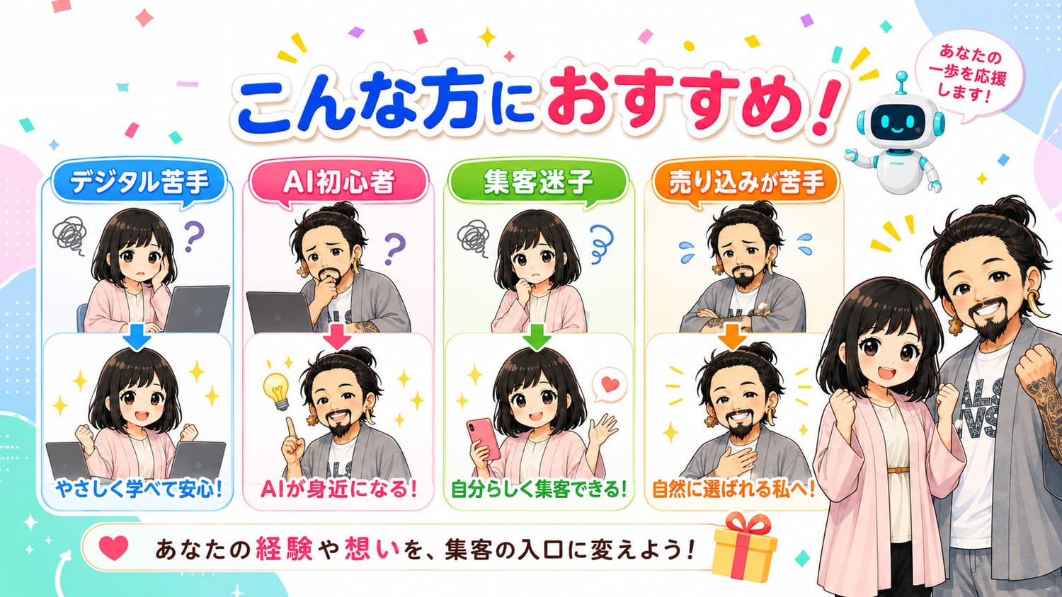 こんな方におすすめ。デジタル苦手、AI初心者、集客迷子、売り込みが苦手。