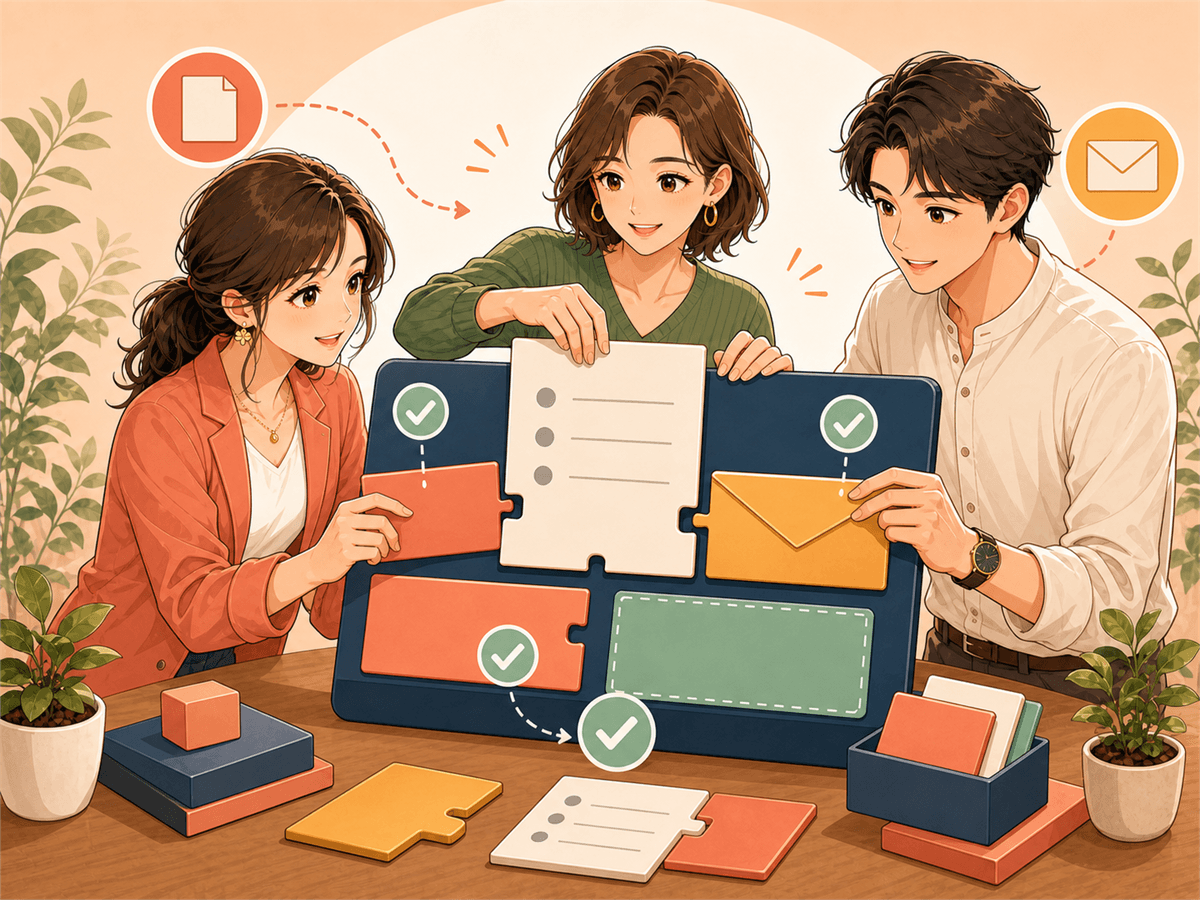 ページ、フォーム、メールを一緒に組み立てる様子のイラスト
