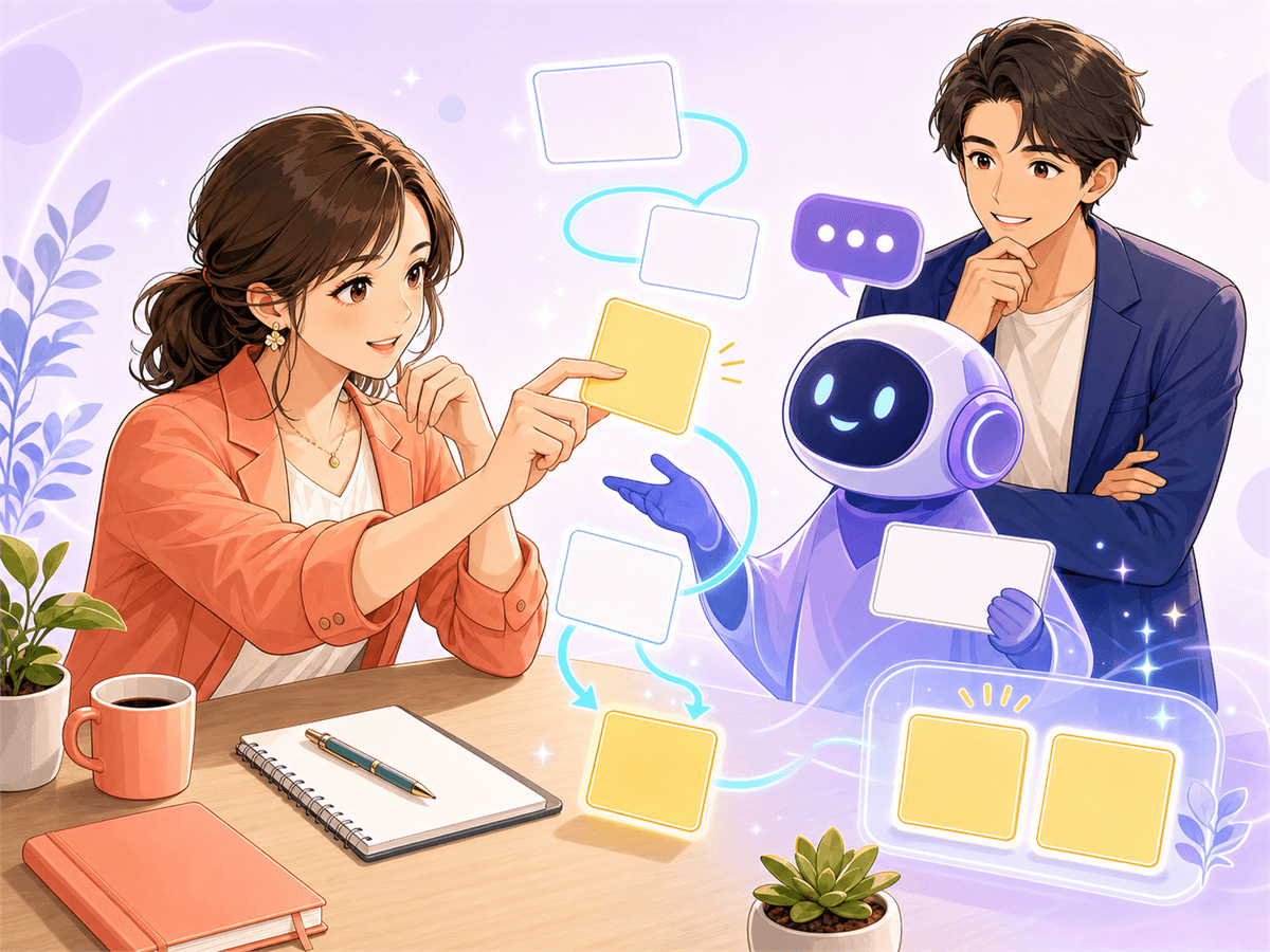 人が考えながらAIを整理の相棒として使う様子のイラスト