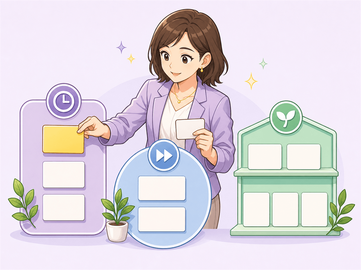 複数の作業を今、次、あとでの順に整理する様子のイラスト