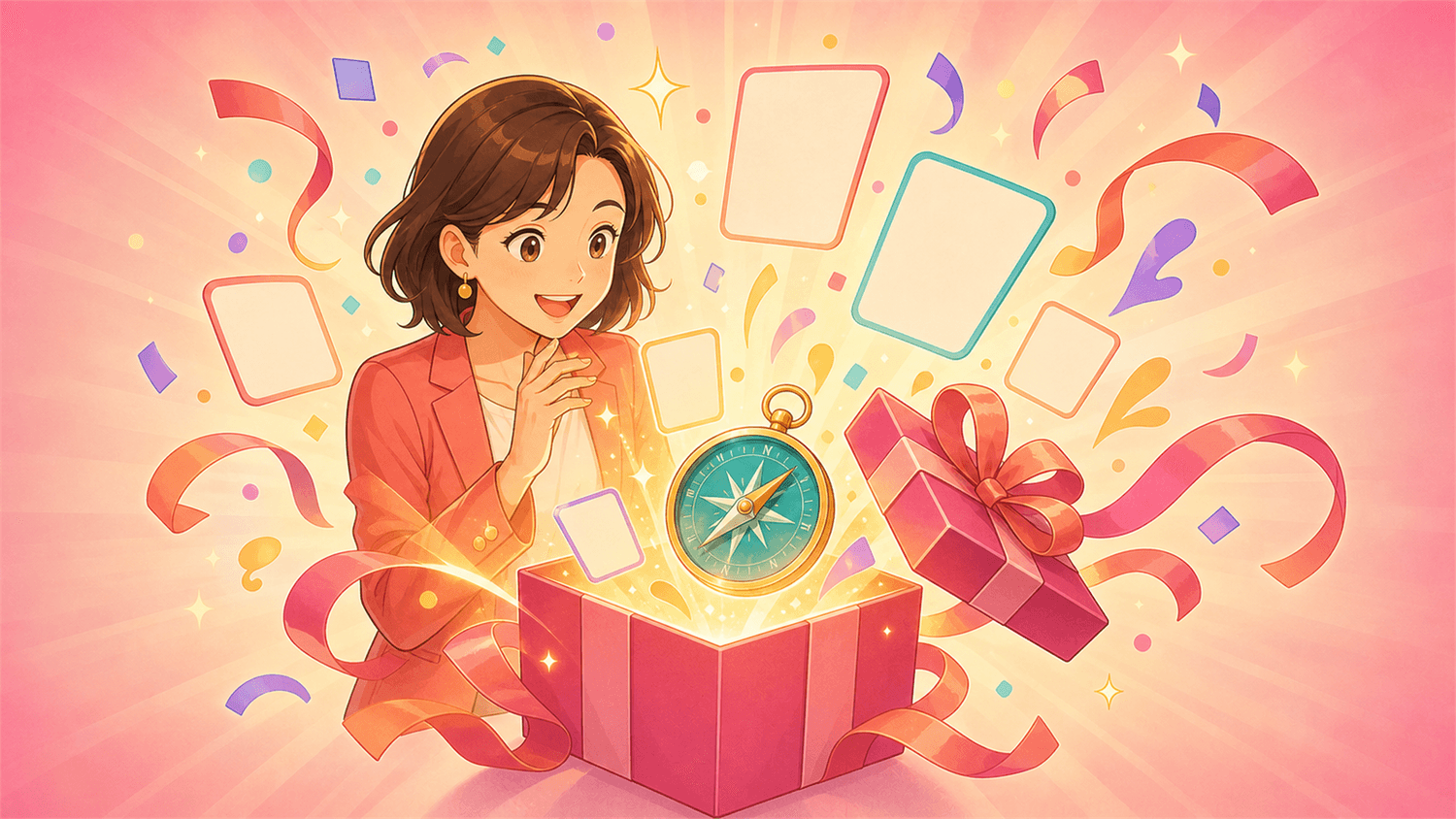 プレゼントの箱から診断カードとコンパスが現れるイラスト