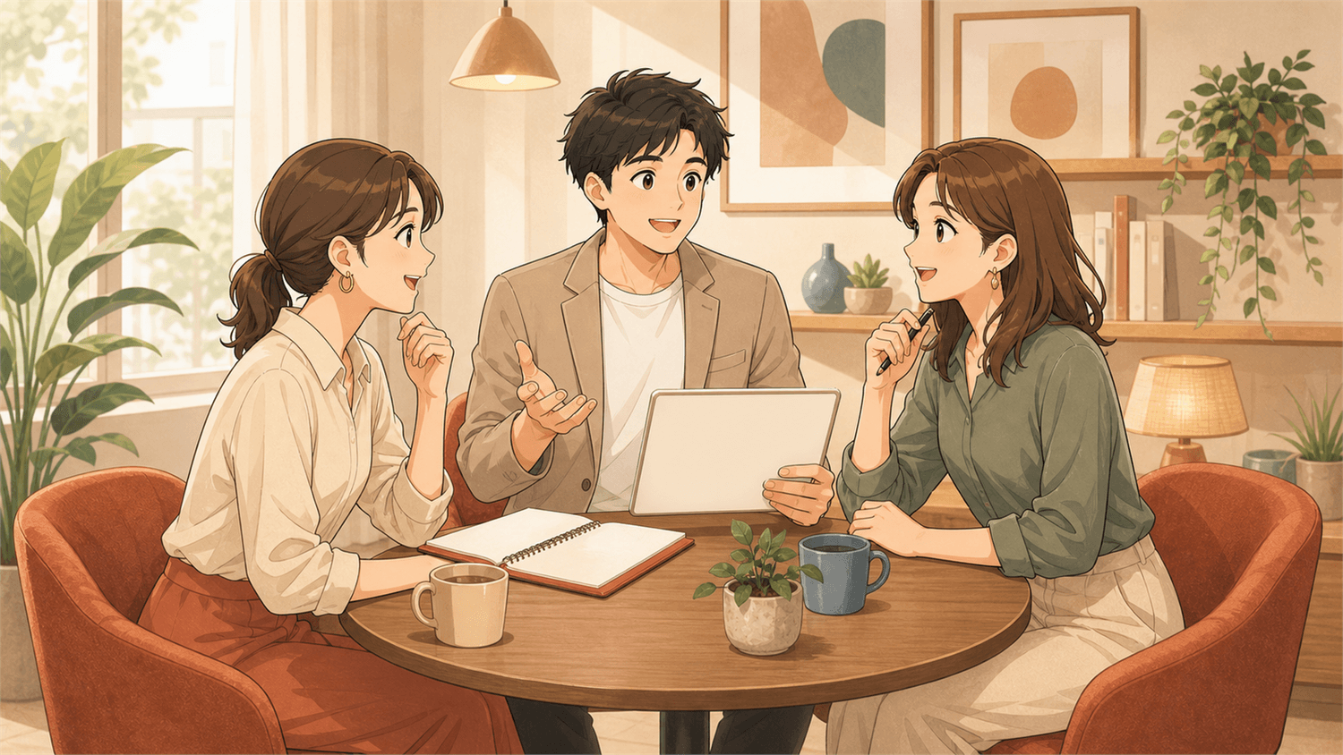 落ち着いた雰囲気で今の状況を相談している様子のイラスト