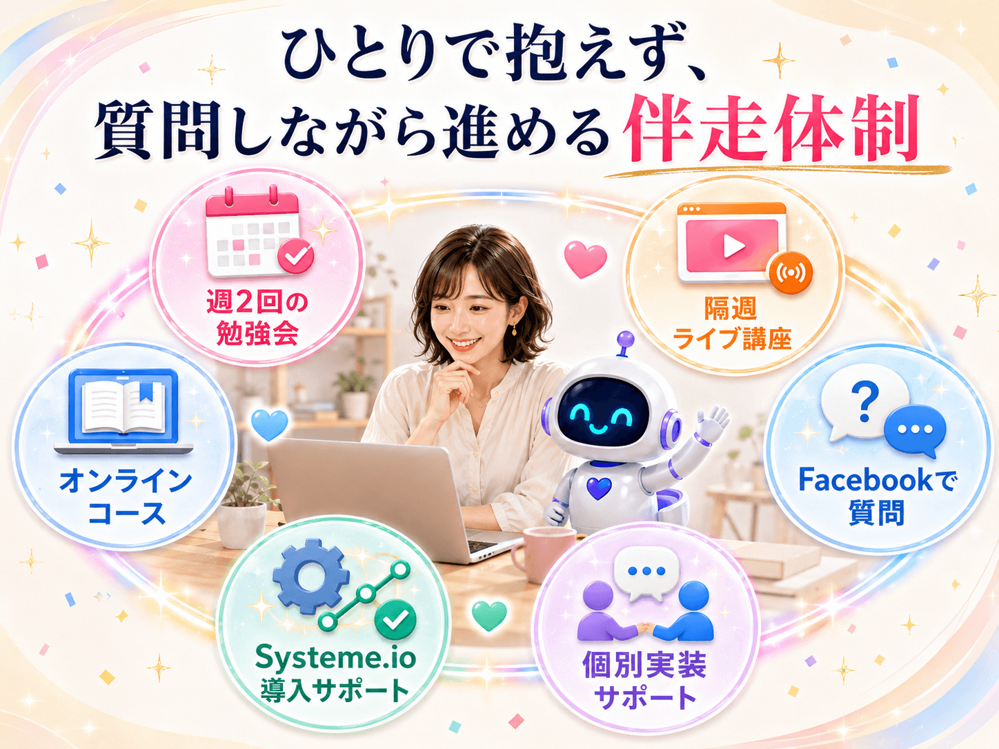 週2回の勉強会、隔週ライブ、Facebook質問、オンラインコース、Systeme.io導入、個別実装の伴走体制