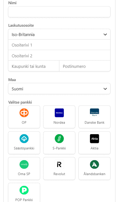 Verkkopankkimaksu — pankin valinta kassasivulla