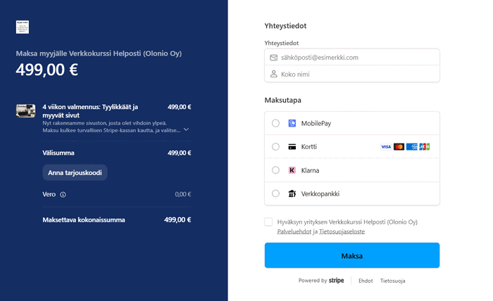 Kassasivu — maksutavat MobilePay, kortti, Klarna ja verkkopankki
