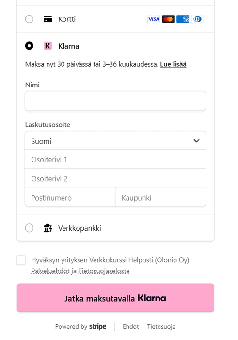 Klarna-maksutapa kassasivulla