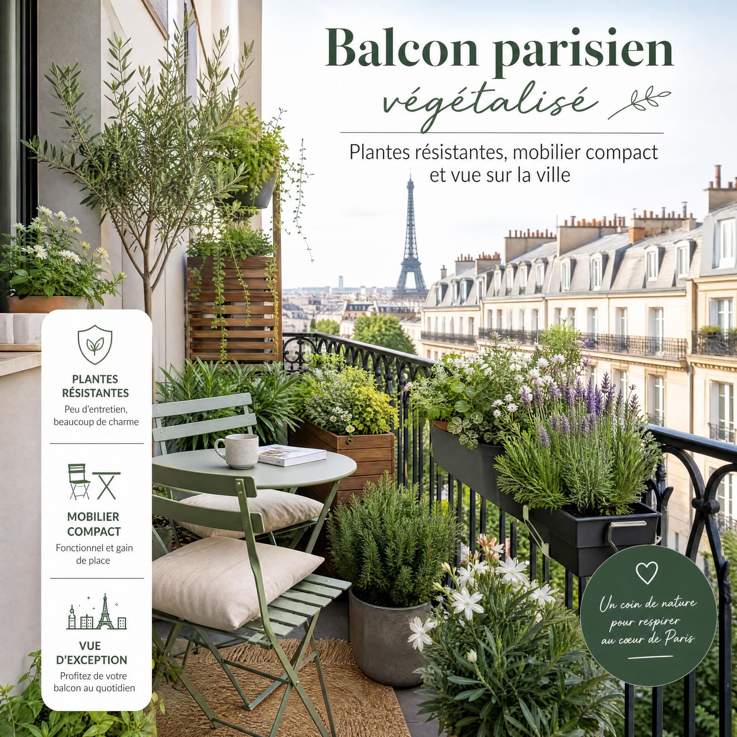 Balcon parisien végétalisé avec plantes résistantes, jardinières et mobilier compact donnant sur la ville