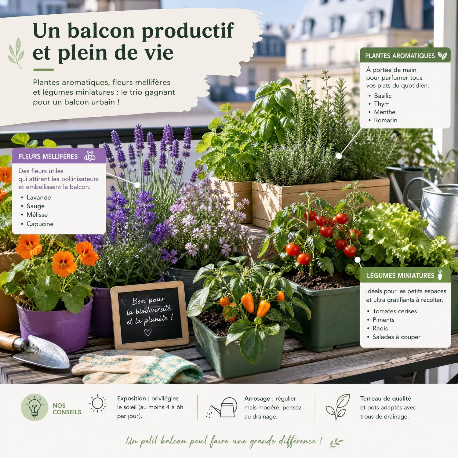 Balcon urbain aménagé avec plantes aromatiques, fleurs mellifères et légumes cultivés en pots