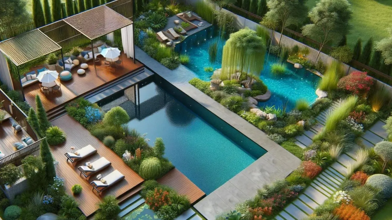 Aménagement paysager de jardin de prestige avec piscine et bassin biologique