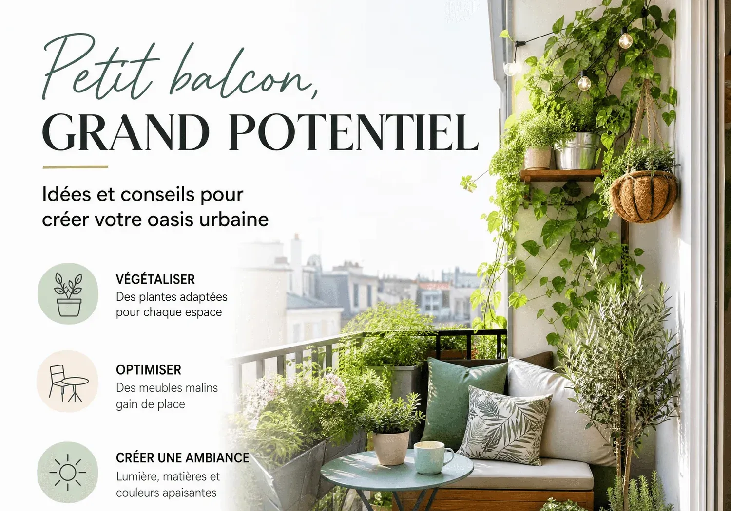 Petit balcon urbain aménagé avec des plantes en pots, du mobilier compact et une végétalisation optimisée pour gagner de l’espace