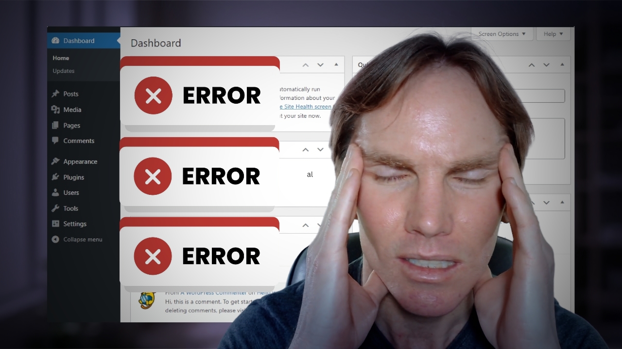 A man expressing frustration with his hands on this sides of his head with wordpress error messages displayed behind him 