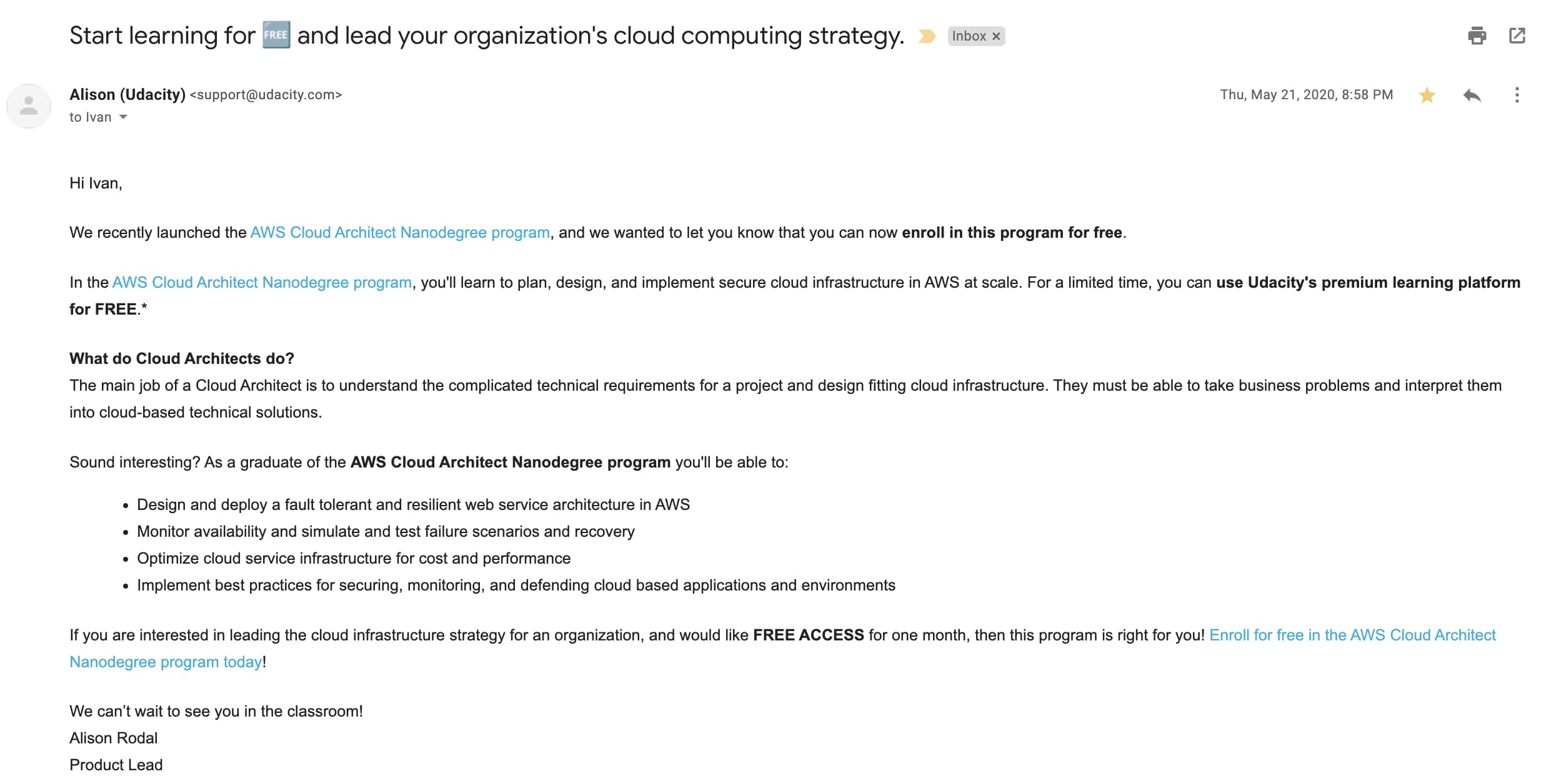 Email from Udacity